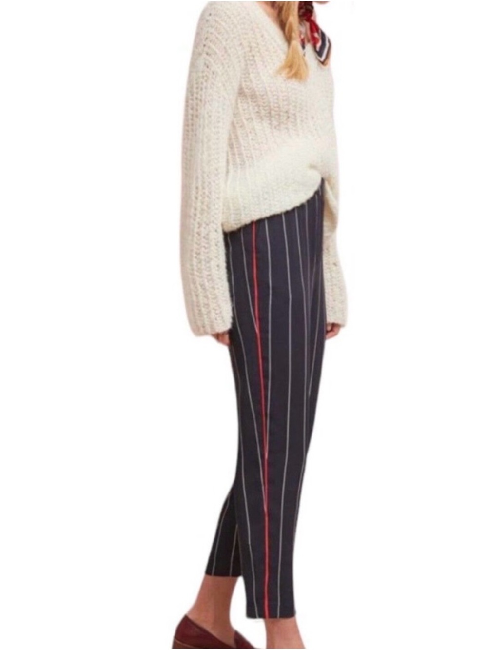 Anthropologie Navy Pinstripe Ankle Trousers with Red Side Stripe